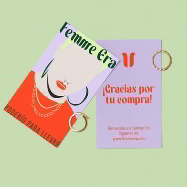 Diseño de la tarjeta de agradecimiento de Femme Era, mostrando el logotipo y un mensaje de gratitud hacia los clientes.