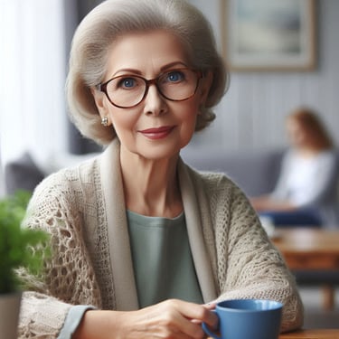 a woman in glasses and a sweater is holding a cup of coffee