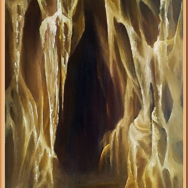 a painting of a cave with a person standing in front of it