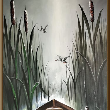 a painting of a boat in a lake