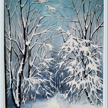 a painting of a snowy scene with a path leading to a path