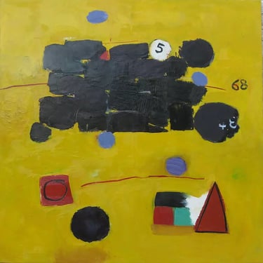 100 x 100 cm  huile sur toile comme un train sur un fond jaune