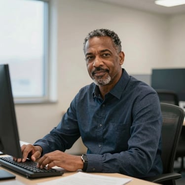 A smiling customer giving a thumbs up in front of a branded display.