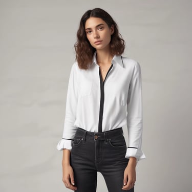 a woman in a pink shirt and jeans