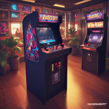 A dimly lit room features two vintage arcade game machines, one displaying 'Frogger.' The background is covered with retro-style posters, emitting a nostalgic, 80s vibe. The red and blue lighting creates an atmospheric glow.