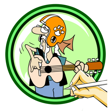 Biker Toot playing guitar with a Clemson football helmet on.