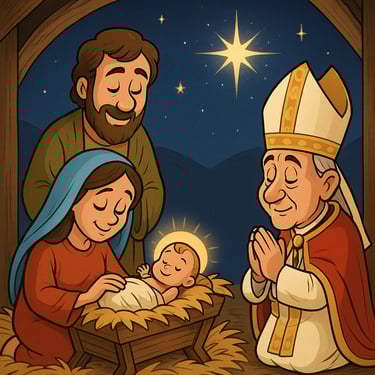 A cartoon style manger scene with Pope Leo XIV kneeling to worship our Lord.