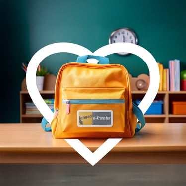 A classroom setting with a backpack displaying an interac logo enclosed in a white heart
