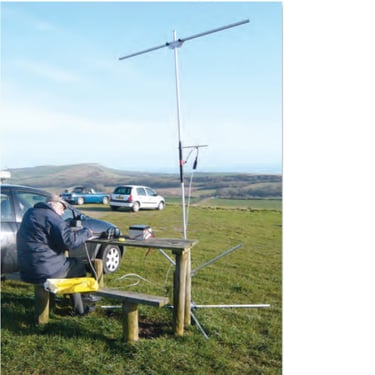 Pro Antennas I-Pro Traveller HF antenna set up in a field for testing