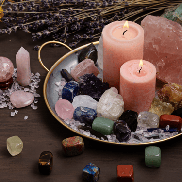 a candle with candles and crystals on a tray