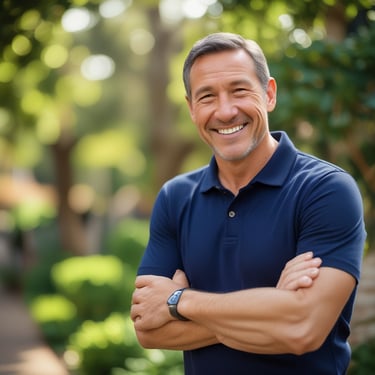 Photo of a confident young man with glasses, casual shirt, smiling warmly on a dark navy backdrop.