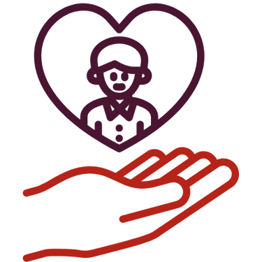 Una mano dibujada con una línea roja que sostiene un corazón morado que contiene una persona