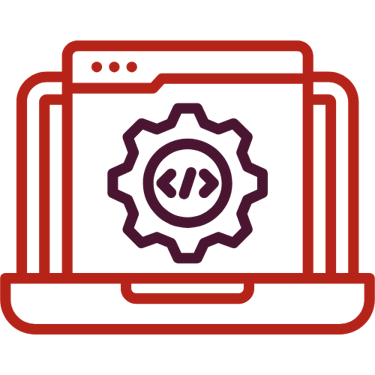 Ícono de línea roja de una computadora portátil que muestra un engranaje y soportes para diseño web 