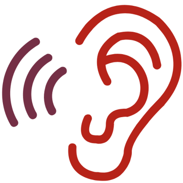  85 Ícono de arte de línea roja de un oído humano con ondas sonoras que representan la escucha