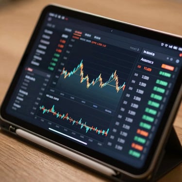 Close-up of clean digital dashboard with financial metrics on a tablet, elegant warm lighting, professional atmosphere.