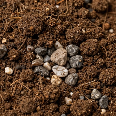 Macro photography of earthy filling material, compactable soil and gravel mix