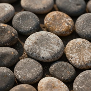 Macro photography of smooth, rounded river gravel stones, natural earth tones