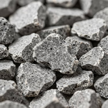 Macro photography of crushed grey aggregate stone, sharp angular edges, clean industrial lighting