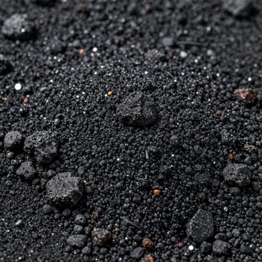 Macro photography of dark, volcanic black sand particles, sharp focus, industrial texture