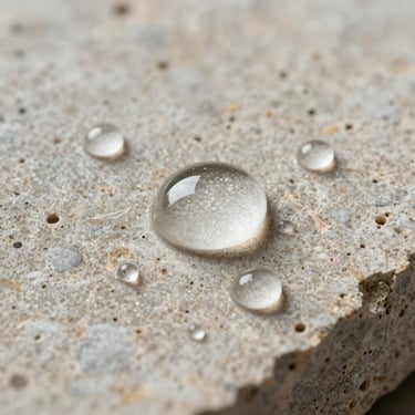 Water droplets perfectly beading up on a porous limestone surface treated with professional hydrophobic sealant.