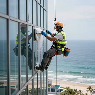 Professional window washer suspended securely on a high-rise hotel facade, cleaning glass with the ocean behind.