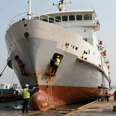 A municipal passenger ferry hull in drydock, workers in safety gear performing final structural inspections on the steel hull.