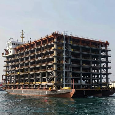 A massive ocean-going deck barge under construction, heavy steel framing visible, showing the scale of the fabrication yard.