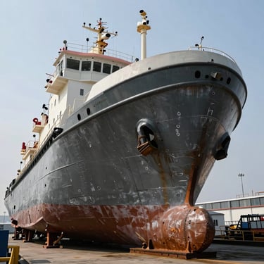 A heavy steel commercial tugboat hull sitting in drydock, viewed from a low angle to emphasize massive displacement and raw steel construction.