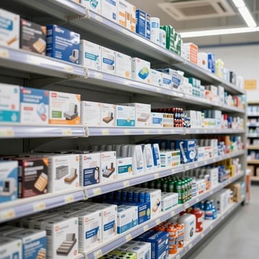 Neat rows of wholesale household products, matches, batteries, and utility items in a warehouse.