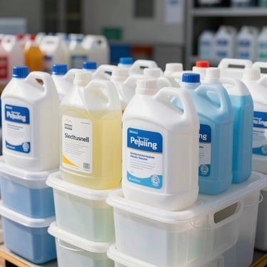 Bulk containers of cleaning detergents, liquid soaps, and surface disinfectants ready for distribution.