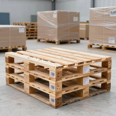 A clean wooden pallet with shipping labels under bright daylight in a professional shipping bay.