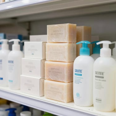 Stacked boxes of personal care hygiene products, soaps, and body washes on a clean shelf.