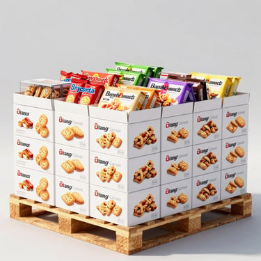 Boxes of wholesale packaged snacks, biscuits, and confectionery stacked on a wooden pallet.