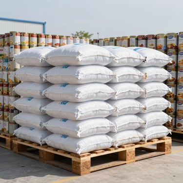 Pallet of bulk packaged grain sacks and canned food products stacked neatly in a distribution center.