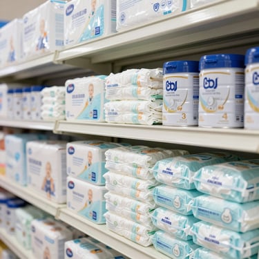 Wholesale boxes of baby diapers and packaged baby formula stacked on distribution shelves.