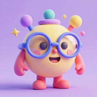 Vibrant 3D render of a whimsical clay character with oversized glasses and a friendly smile, pastel lavender background.