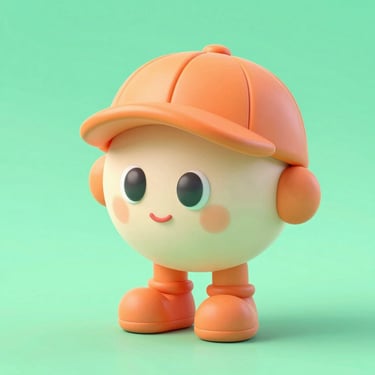 Vibrant 3D render of a playful clay character with a bright orange cap and a curious expression, mint green background.