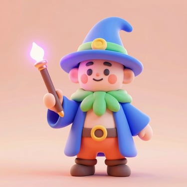 Vibrant 3D render of a whimsical clay wizard character holding a glowing stylus, soft peach background.