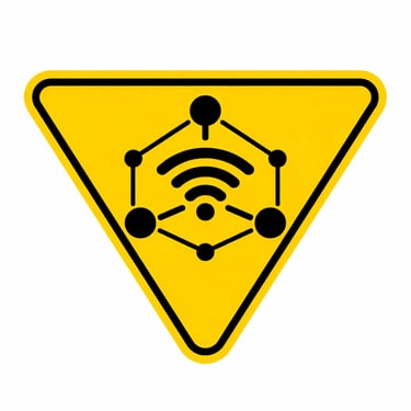 Señal triangular amarilla invertida con borde negro y símbolo central de red con nodos conectados y señal WiFi en negro