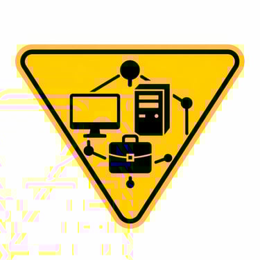 Icono triangular amarillo de equipo tecnológico empresarial con monitor, servidor y portafolio conectados.