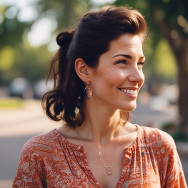 Smiling woman in a cozy living room holding a cup of tea, sunlight streaming in.