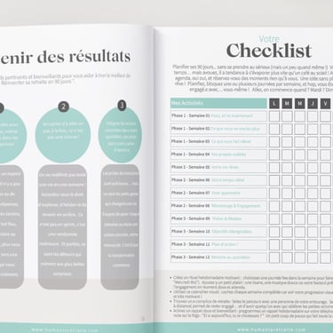 Exemple de pages incluses dans le cahier d'exercice qui accompagne le livre 90 jours pour transformer votre retraite