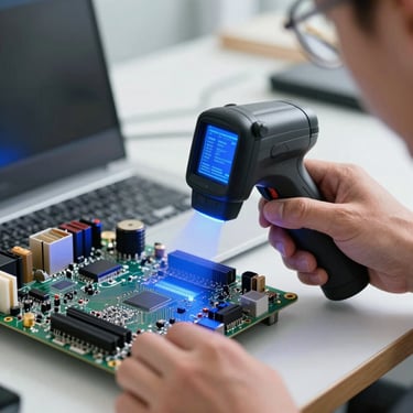 Close-up of a technician's hands using a thermal camera on a laptop motherboard, blue diagnostic light reflected on the circuit board, workbench in soft daylight