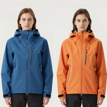 Perfected studio photograph of the same technical outdoor jacket, vibrant accurate color matching physical Pantone swatches, crisp textures, neutral white background.