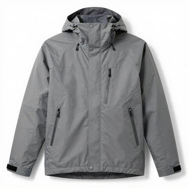 Raw studio photograph of a technical outdoor jacket, slightly flat lighting, uncalibrated color tones, neutral white background.