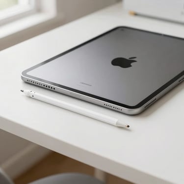 An iPad Pro with Apple Pencil resting on a clean white desk under soft window light