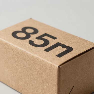 Close-up of a natural kraft paper box with clean minimalist black ink typography, organic texture, neutral minimalist backdrop, 85mm