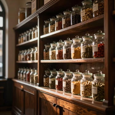 Atmospheric shot of Balaji Stores London interior, dark wooden apothecary shelves filled with glass spice jars, low-angle afternoon sun beam illuminating dust motes, warm and inviting.