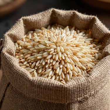 Textured jute sack filled with raw heirloom rice grains, low-angle dramatic lighting
