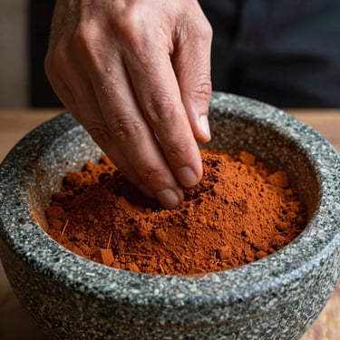 Close-up of rich terracotta-colored masala powder being hand-ground in a heavy stone mortar